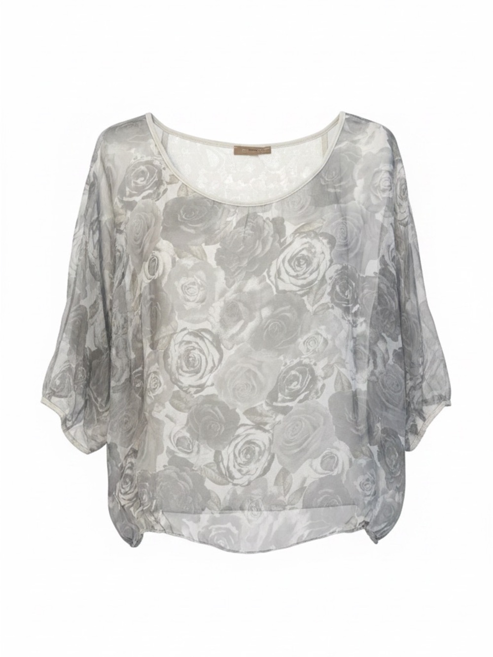 Sheer Rose-Print Scoop Neck Blouse in Light Gray